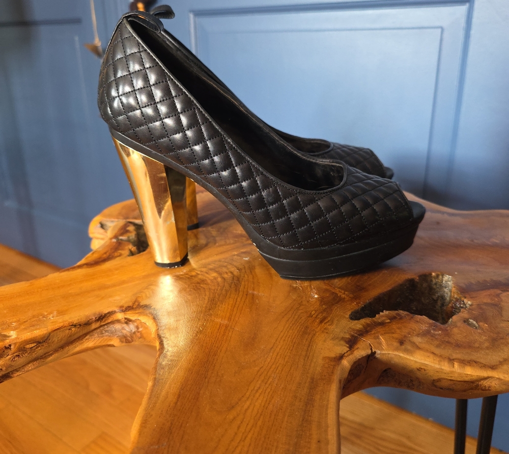 BCBG Black Quilted Peep-Toe Pumps with Gold Block Heel